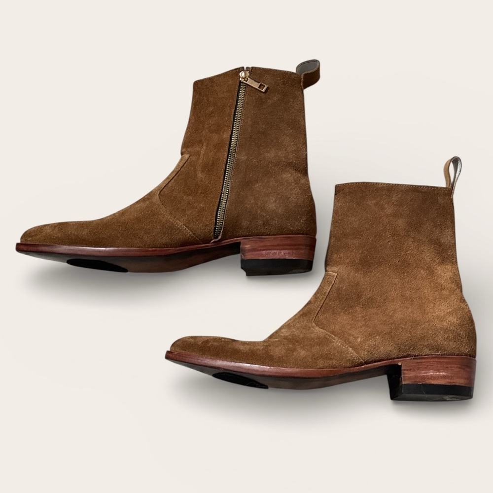 Custom Made Brown Suede Side Zip Boots 12 - 13‎ Leather Sole Artisan Pointed Toe - Picture 3 of 11